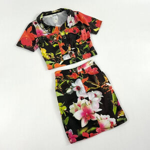 Moschino black denim set with floral orchid print